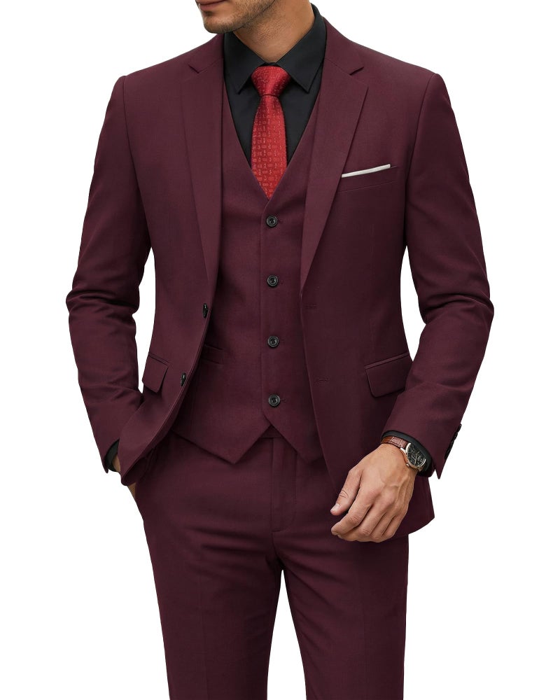 YND Men's 3 Piece Suit Set with Tie, 2 Button Slim Fit Solid Blazer Jacket Vest Pants, Business Wedding Party Suits for Men, Burgundy - Image 1